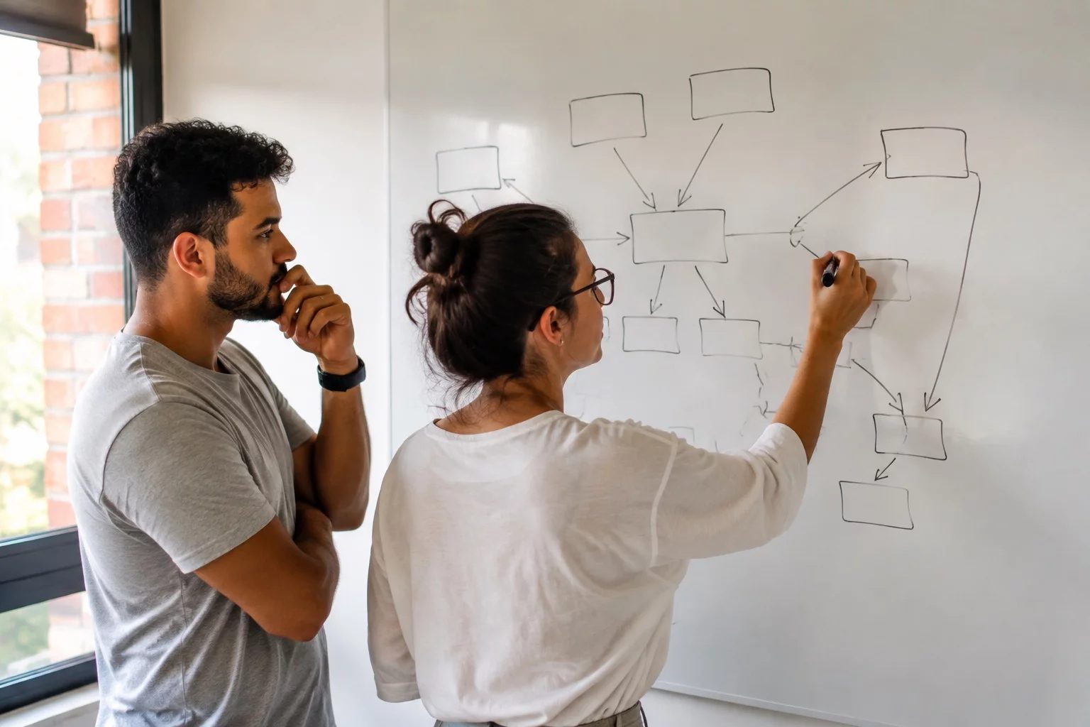Duas pessoas diante de um quadro branco com um mapa de argumento desenhado à mão