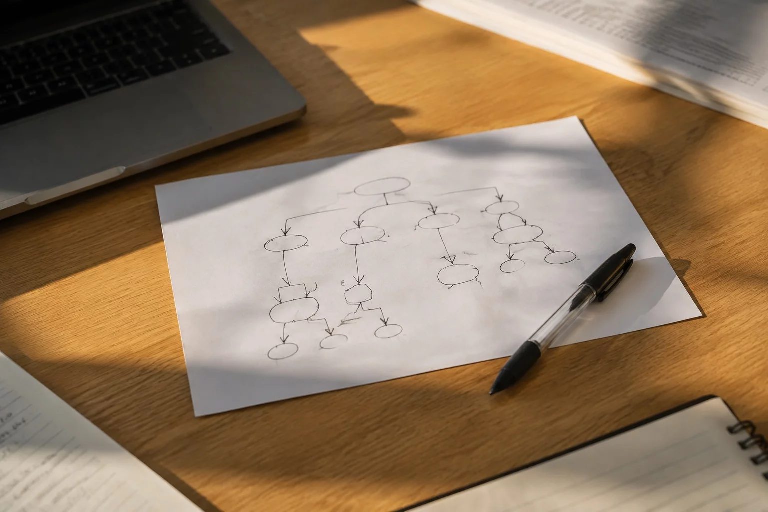 Vista de cima de uma mesa com um diagrama de lógica desenhado à mão