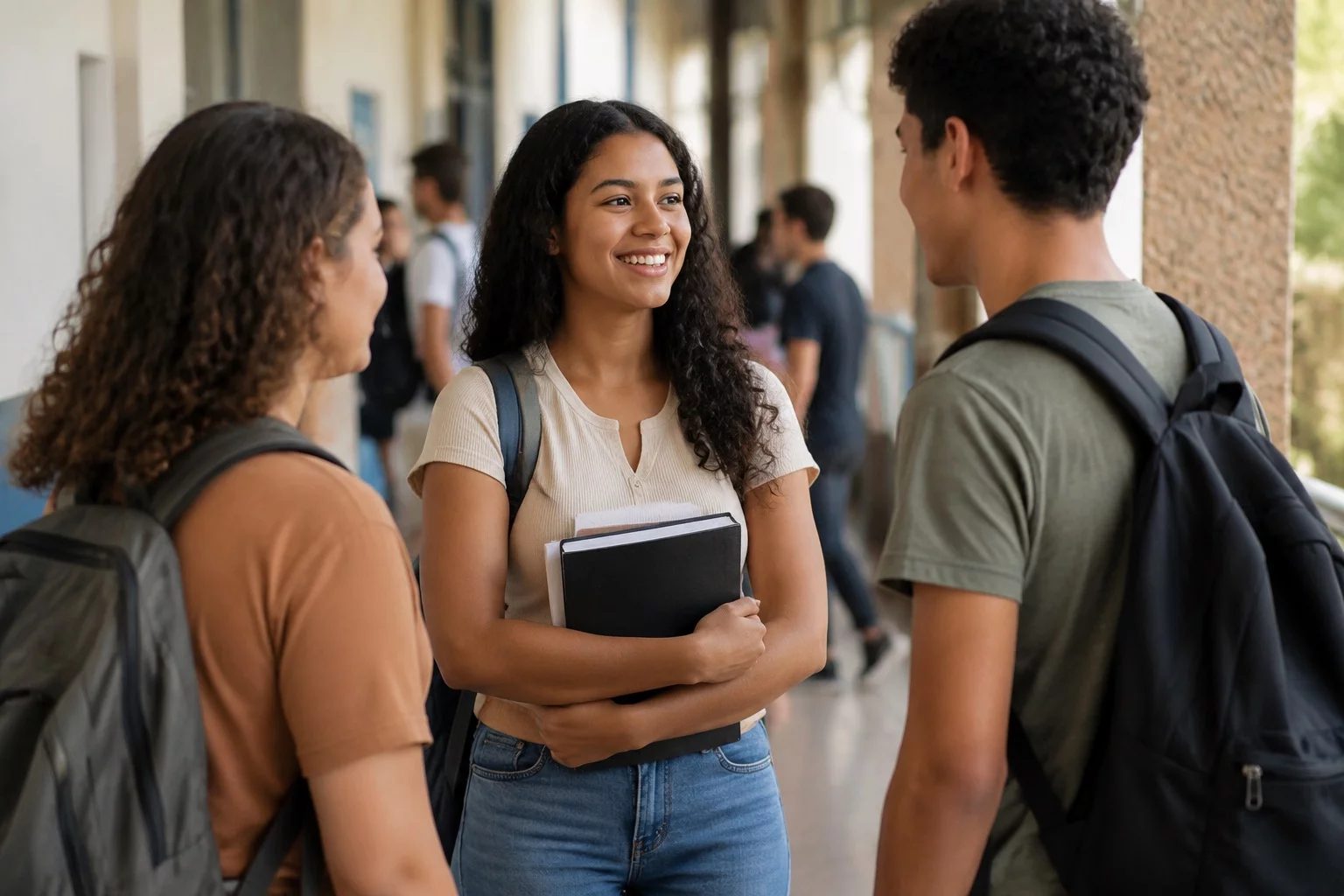 Estudantes com mochilas conversando no corredor de uma universidade