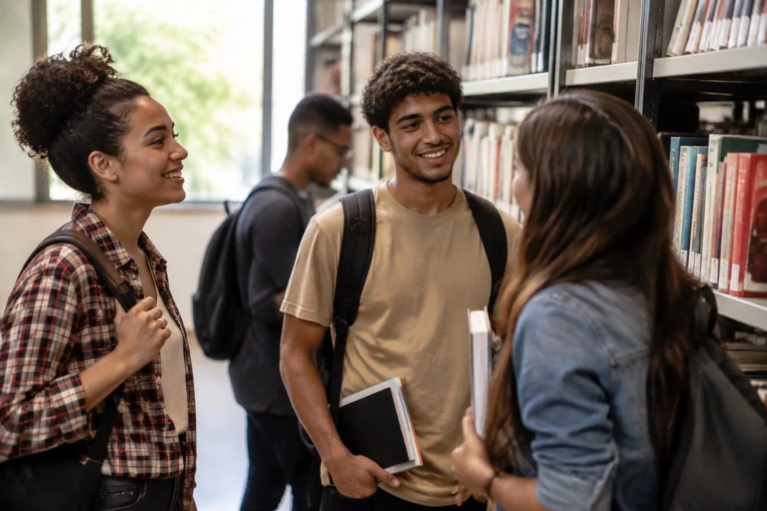 Estudantes conversando em pé entre as estantes de uma biblioteca