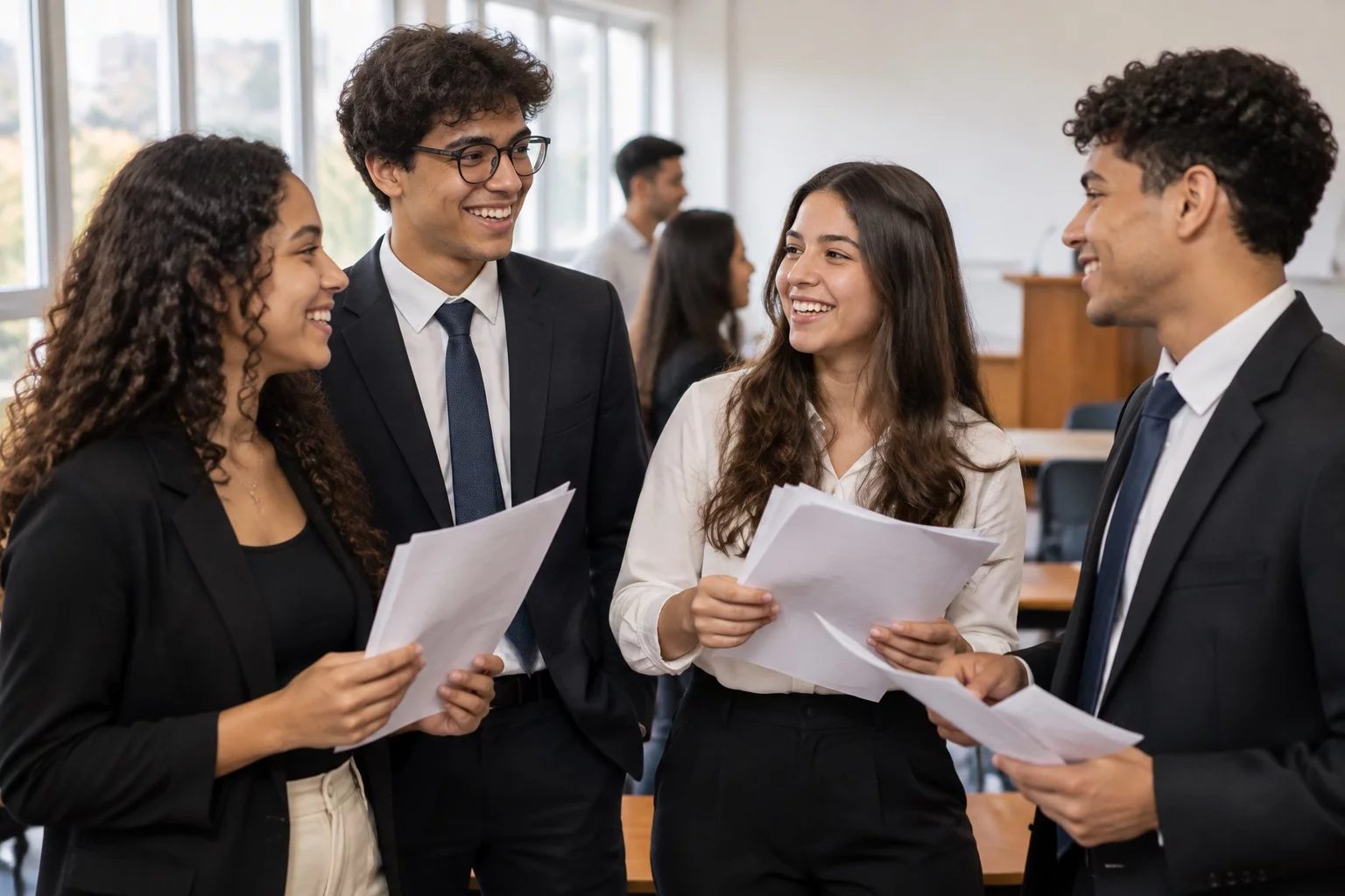 Grupo sorrindo após uma rodada de debate, com papéis nas mãos